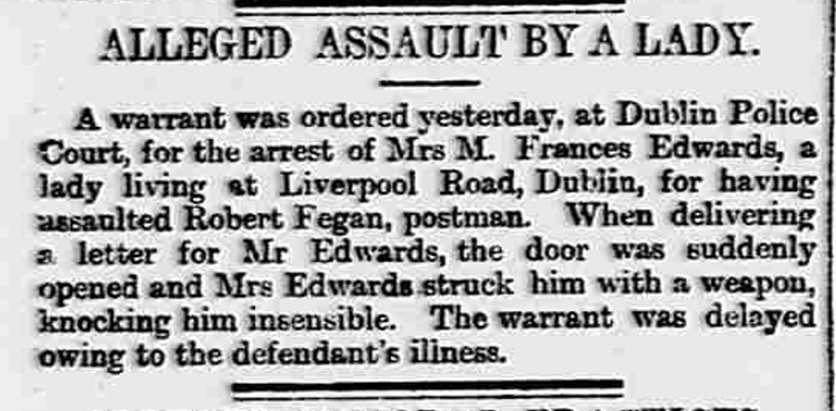 Tales from the Dublin Police Court: Lady of the House Prosecuted for Striking Postman with Blunt Implement, 1886
