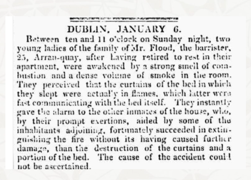 Barrister’s Daughters’ Bed Mysteriously Goes on Fire at Arran Quay, 1836